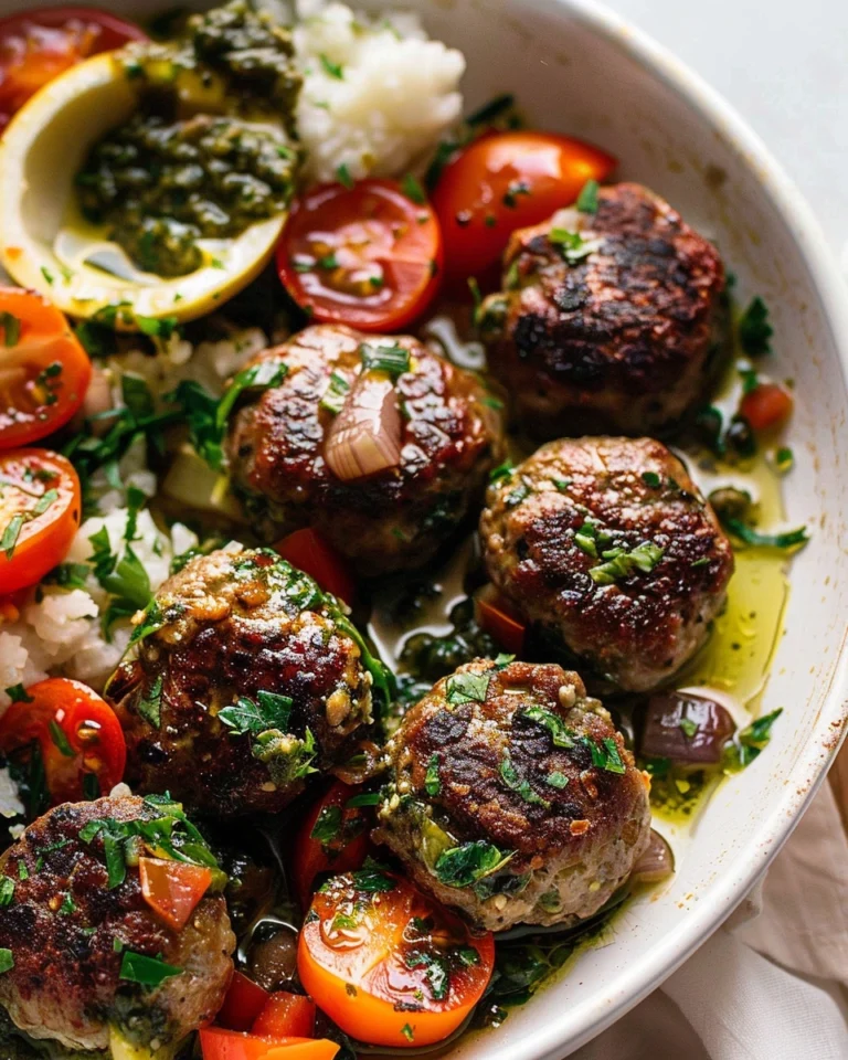 Sheet Pan Meatballs with Tomato Salad and Green Sauce