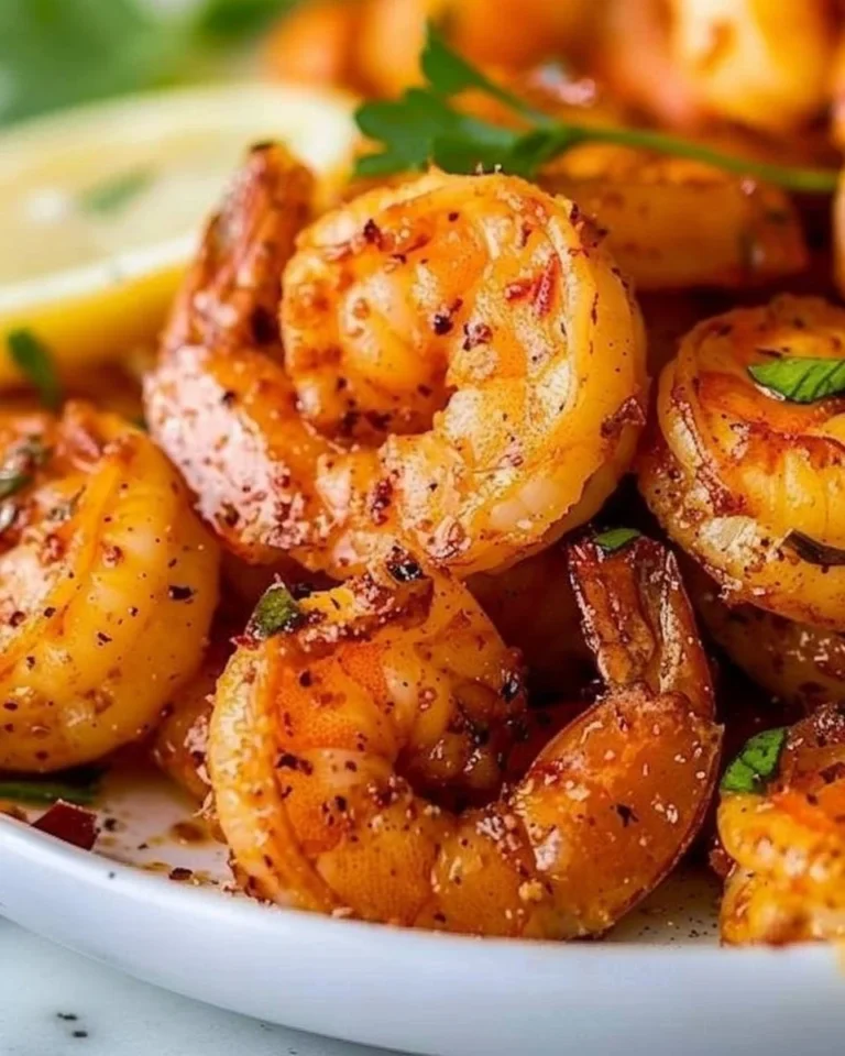 Crispy air fryer shrimp served on a plate with lemon and herbs