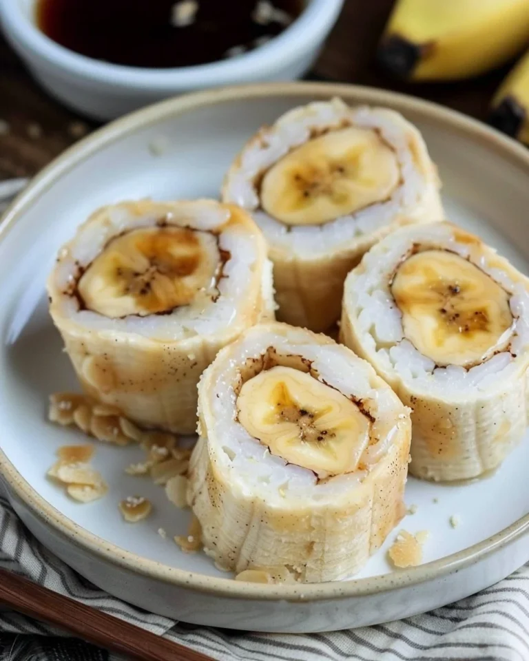 Plate of delicious banana sushi rolls with colorful toppings