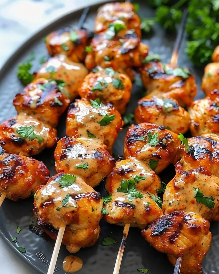 Juicy Bang Bang Chicken Skewers served on a platter with dipping sauce.