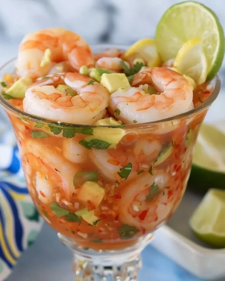 Delicious Mexican shrimp cocktail garnished with fresh ingredients.