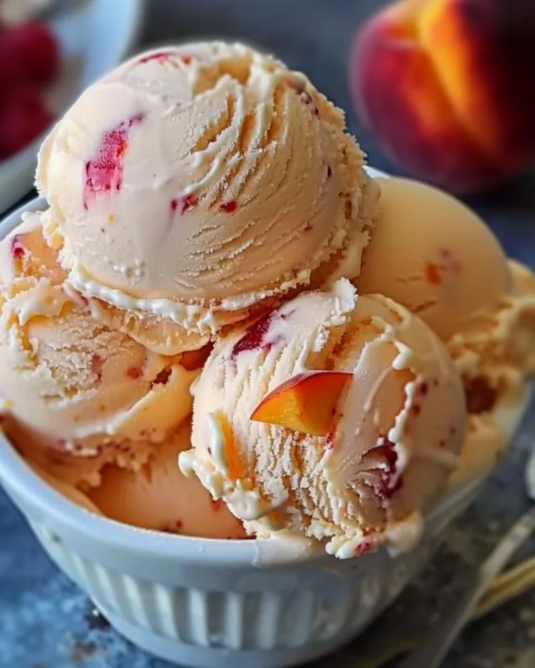 Delicious bowl of creamy peach ice cream with fresh peach slices on top.
