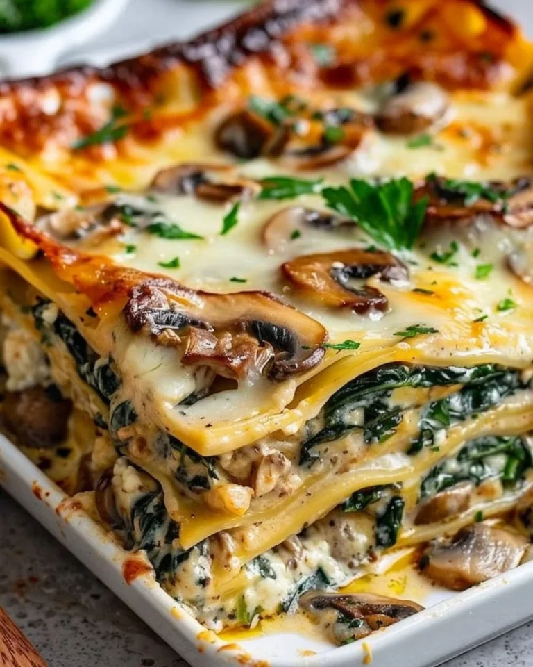 Creamy spinach mushroom lasagna recipe with layers of cheese and pasta.