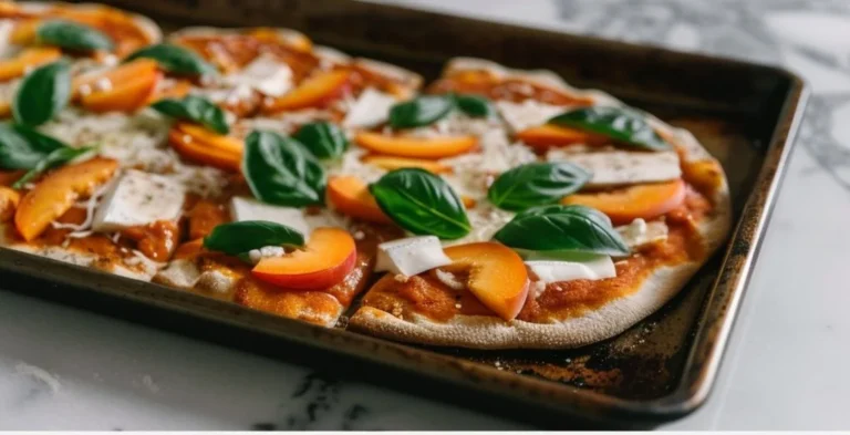 Easy peach basil naan bread pizza topped with fresh ingredients
