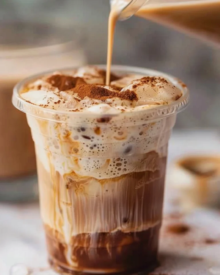 Delicious French Toast Iced Latte in a tall glass with a creamy topping.