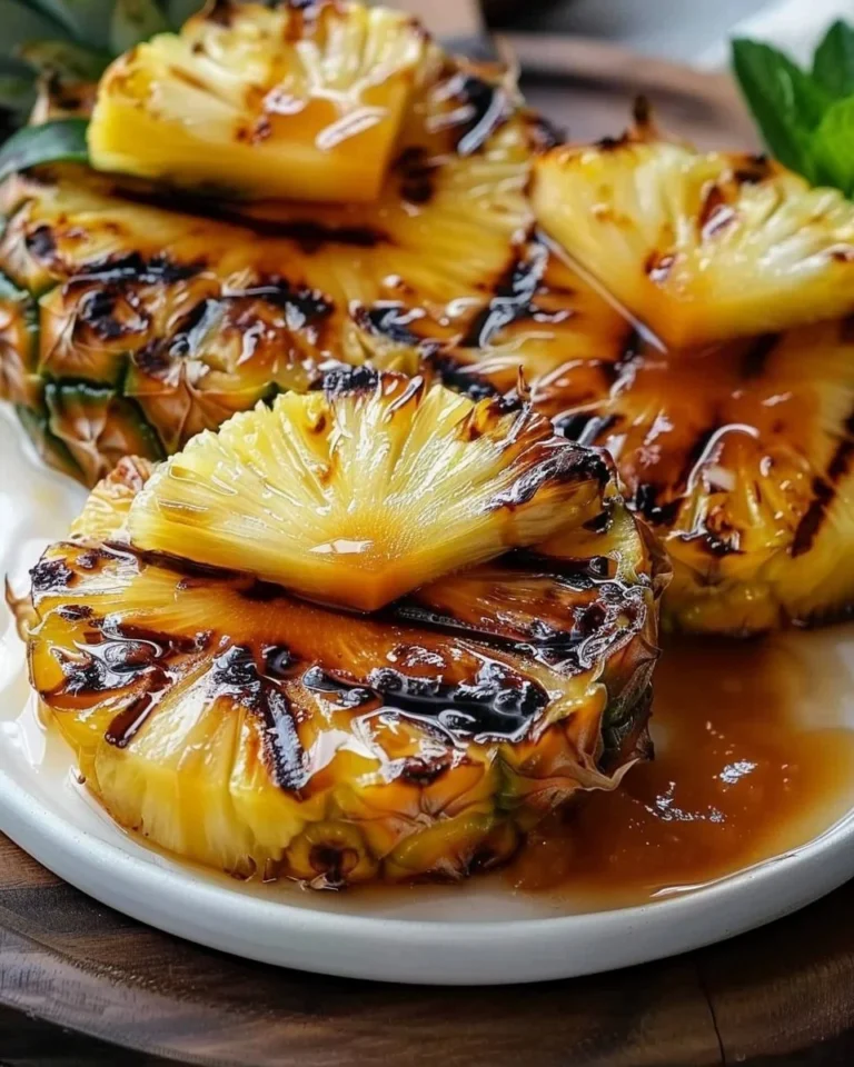 Sliced grilled pineapple served on a plate with fresh mint leaves.