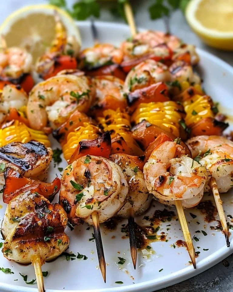 Grilled seafood skewers featuring shrimp, scallops, and vegetables on a barbecue grill.