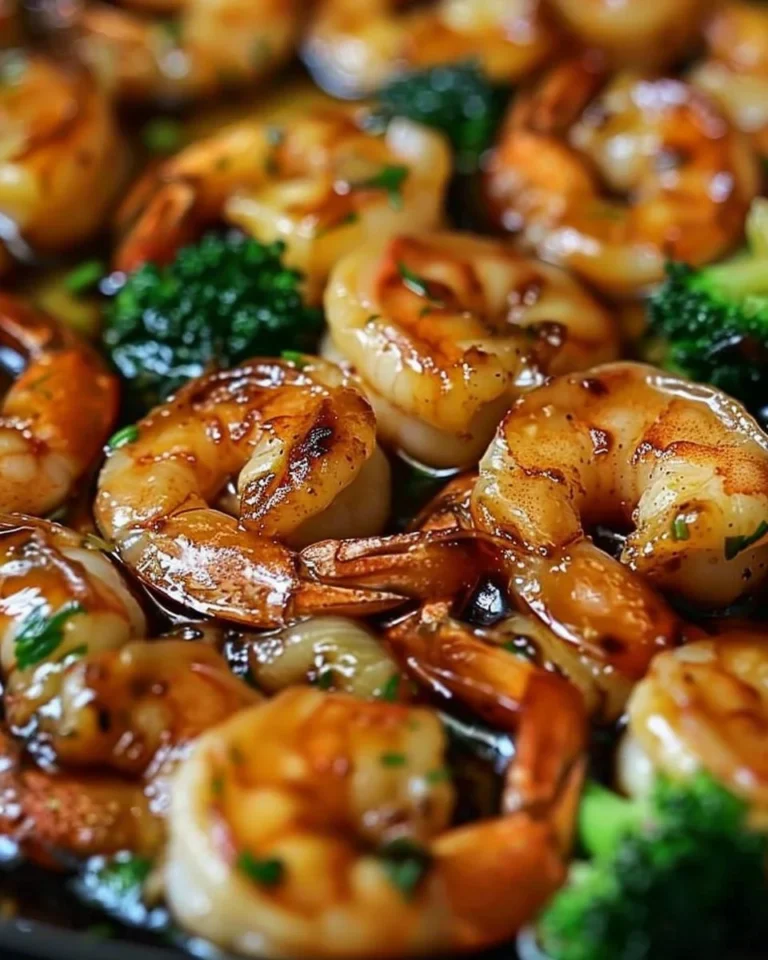 Delicious honey garlic shrimp served on a plate with vegetables.