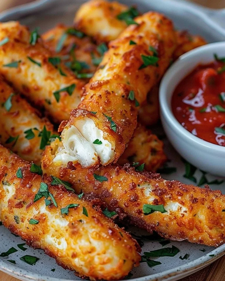 Baked homemade mozzarella sticks served with marinara sauce