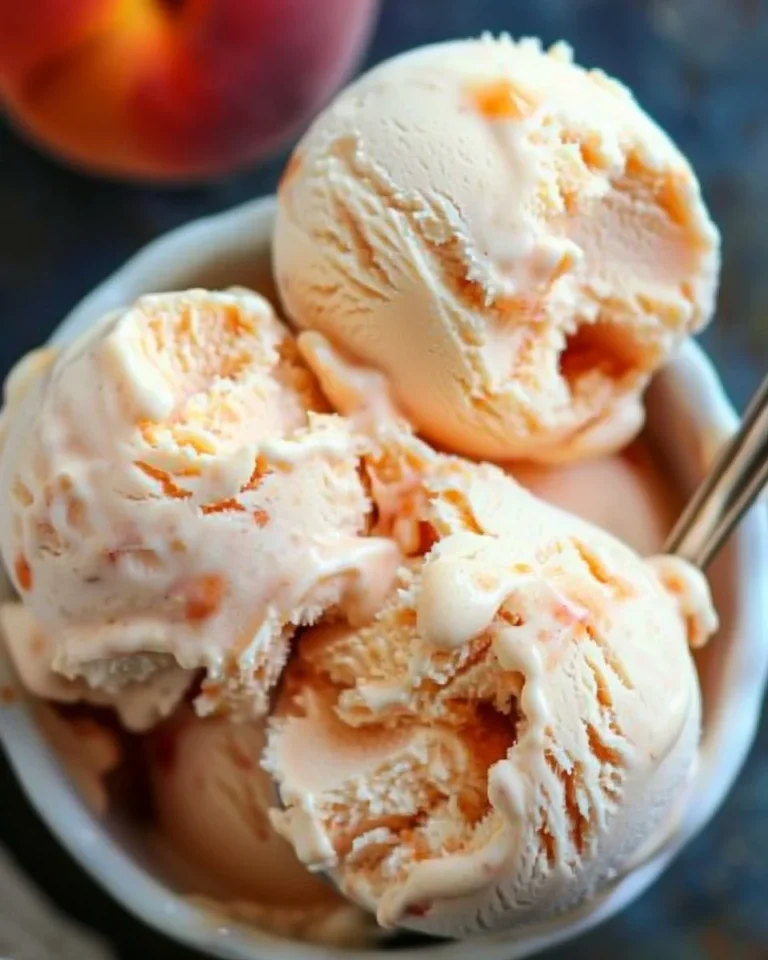 Creamy homemade peach ice cream served in a bowl with fresh peaches