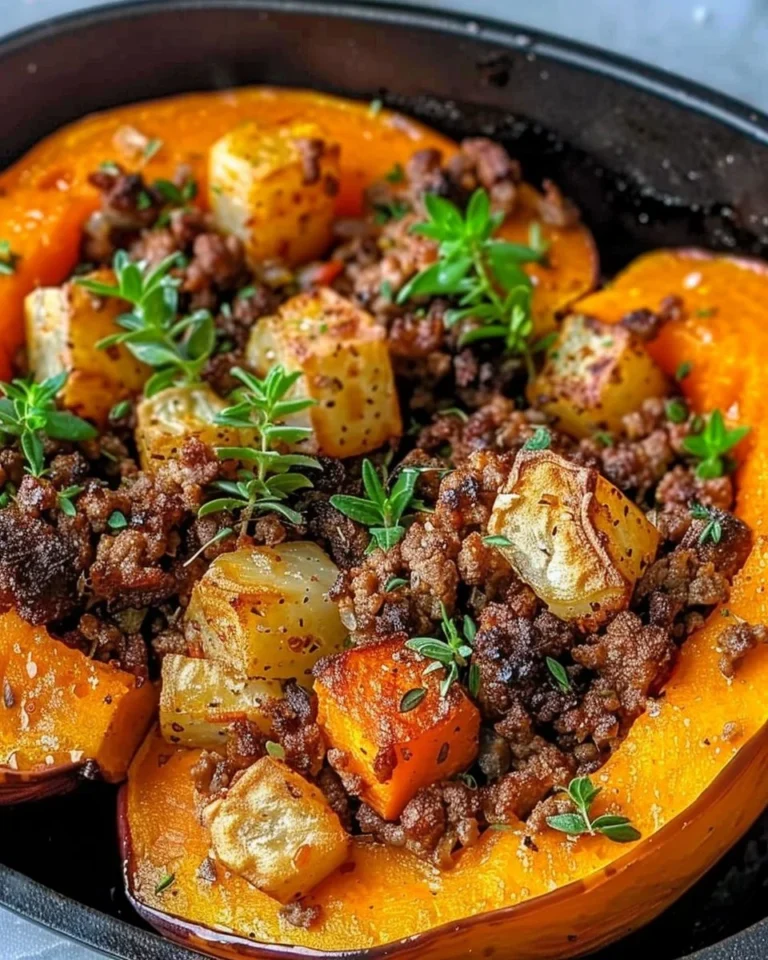 Homemade roasted butternut squash with seasoned ground beef dish