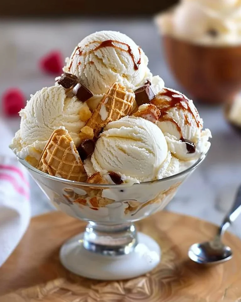 Delicious ice cream Sunday topped with cream and various flavors.