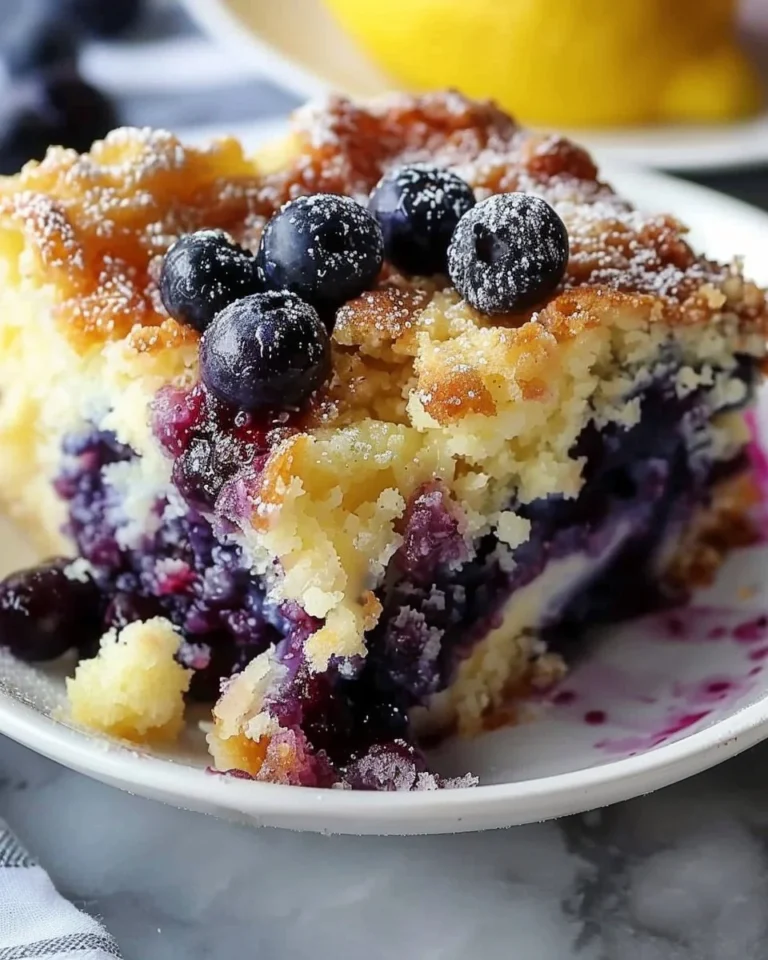 Delicious lemon blueberry cheesecake dump cake with creamy layers and blueberries.