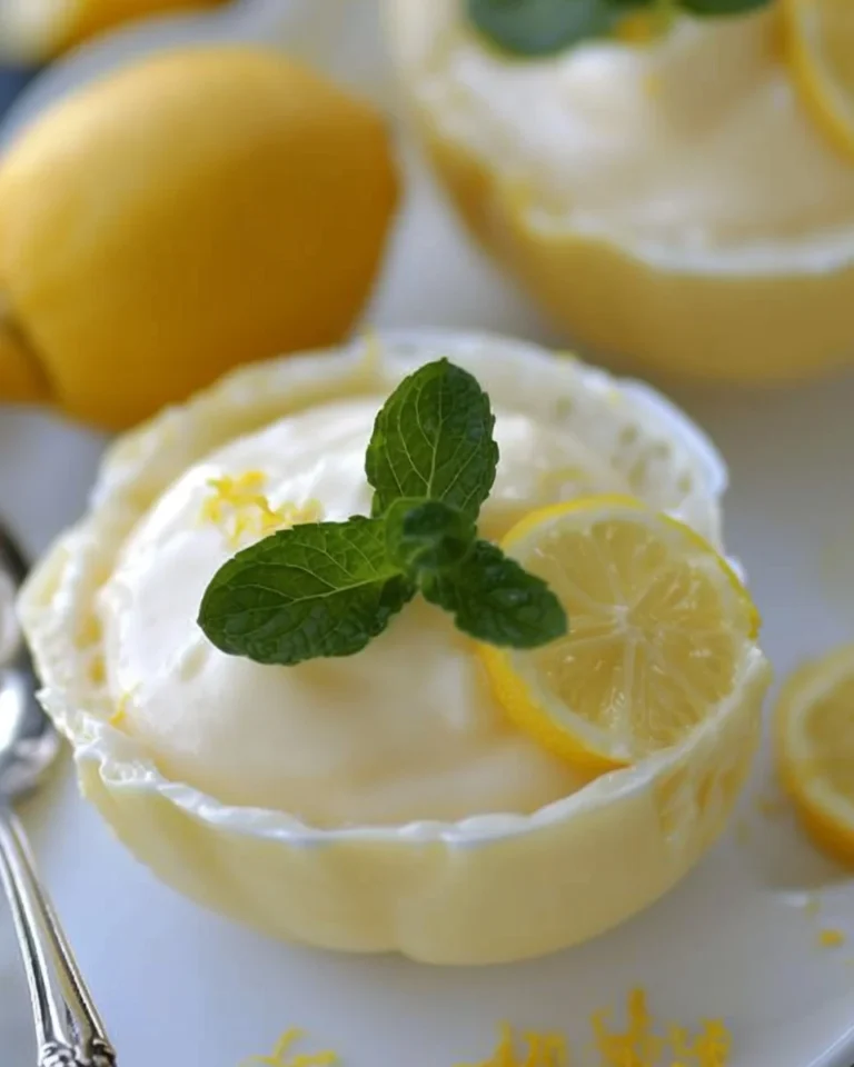 Delicious lemon possets served in lemon shells for a refreshing dessert