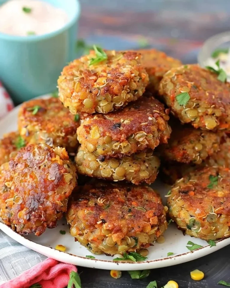 Plate of homemade Lentil Veggie Nuggets served with dipping sauce
