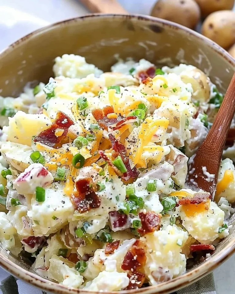 Delicious loaded baked potato salad topped with cheese and bacon bits.