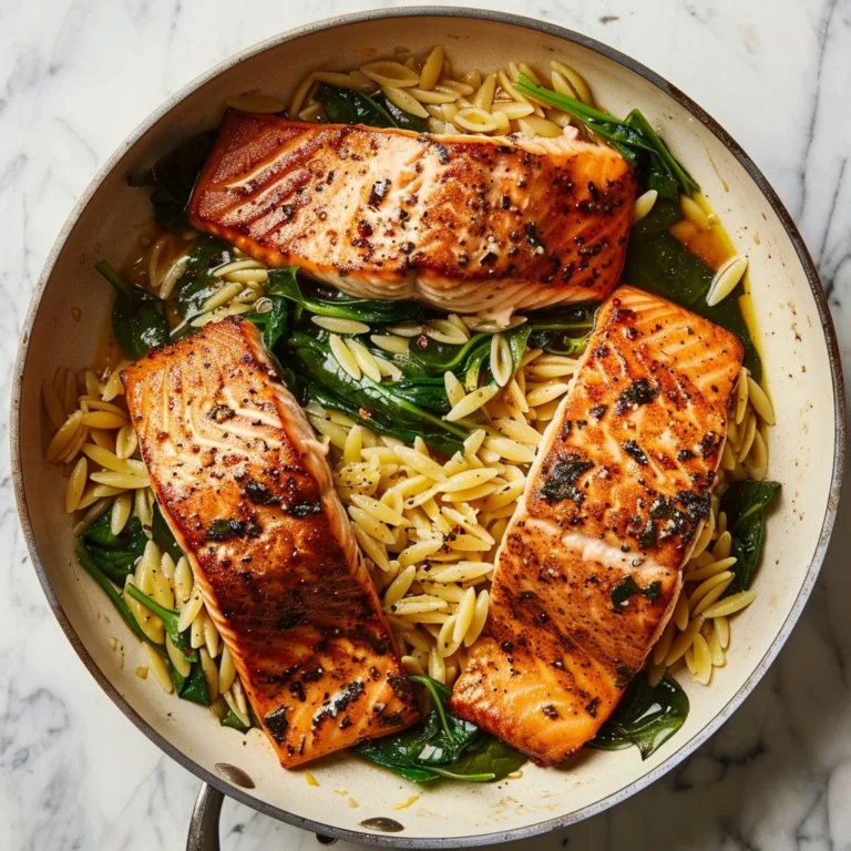 Pan-seared salmon served with lemony orzo on a plate