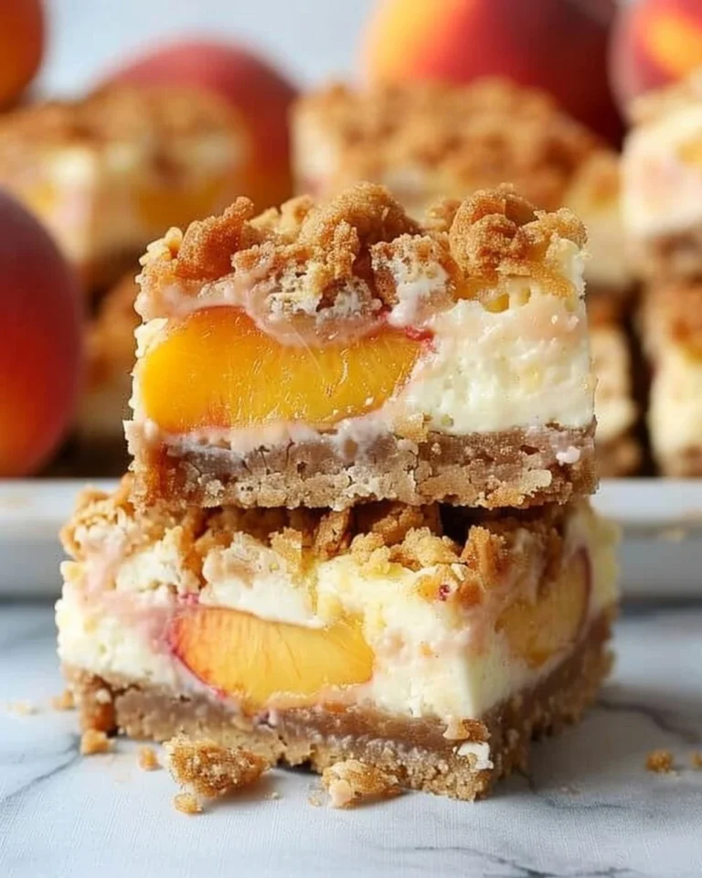Delicious Peach Cobbler Cheesecake Bars garnished with fresh peaches