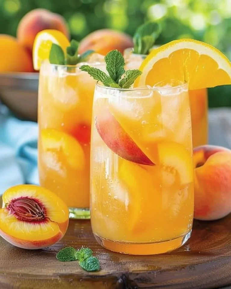 A refreshing glass of Peach Lemonade garnished with a peach slice and mint leaves.