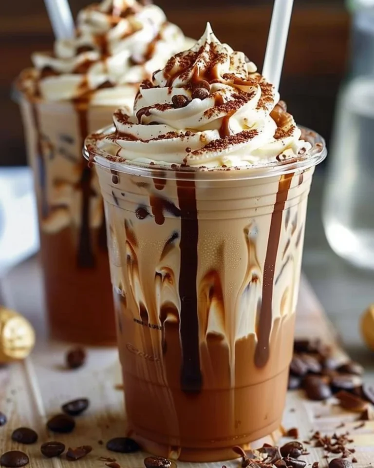 Delicious Peanut Butter Cup Iced Coffee in a glass with toppings
