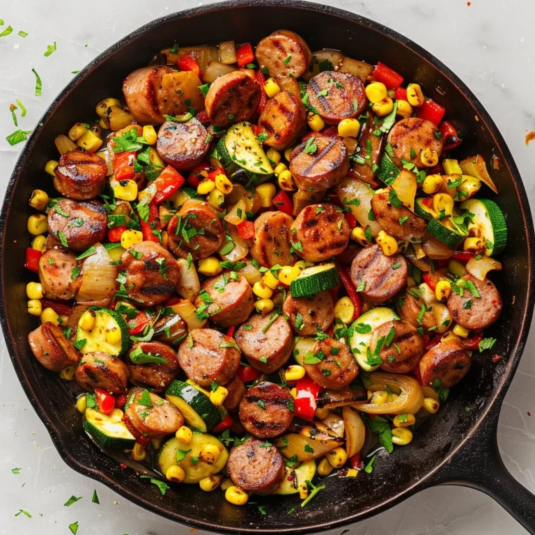 Sausage and veggies skillet dish cooked to perfection in a colorful pan