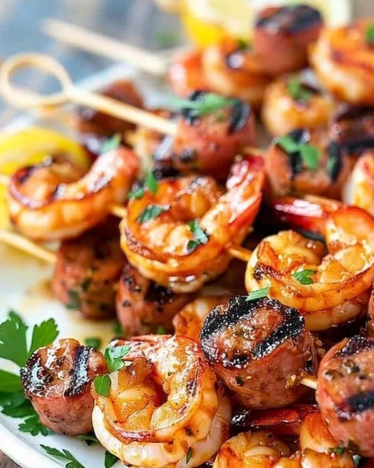 Sausage & Shrimp Kabobs grilled and served on skewers for a quick weeknight dinner