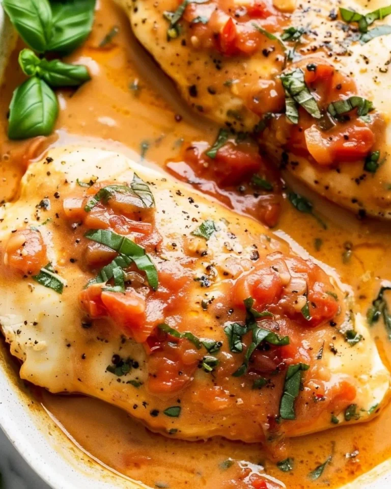 Slow cooker tomato basil chicken breasts served with fresh basil garnish.