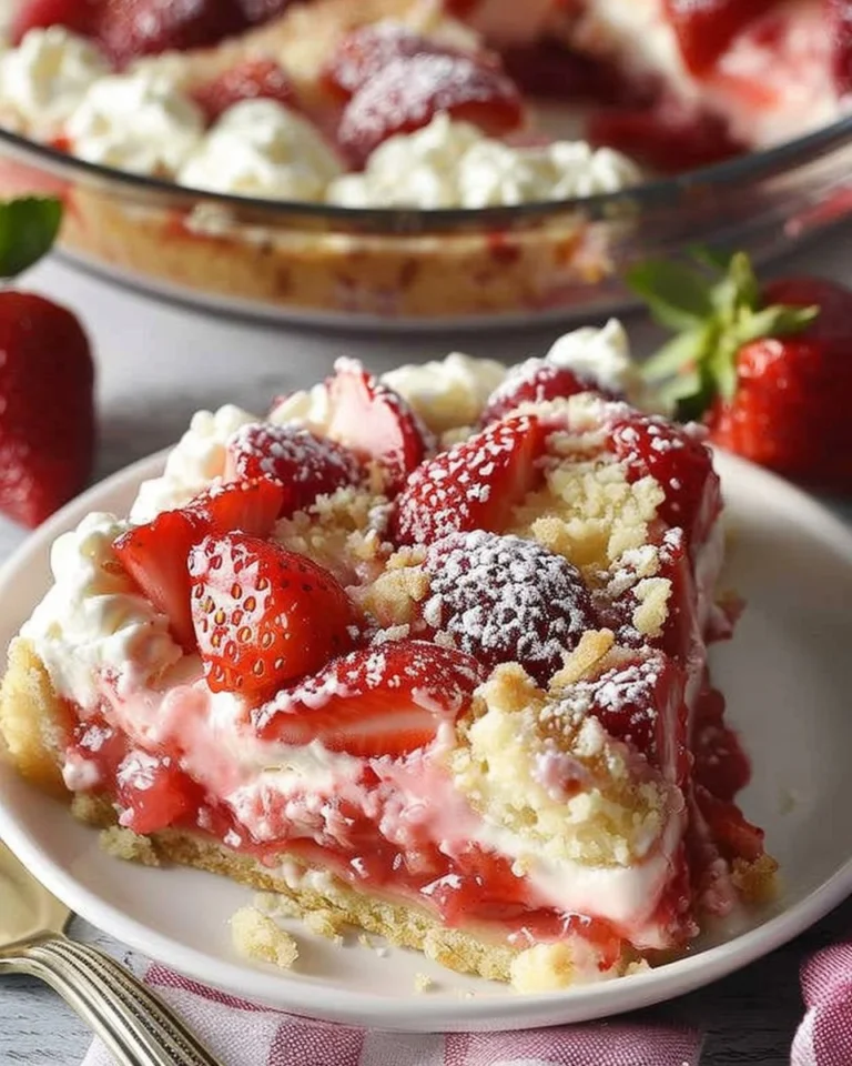 Delicious homemade strawberry cheesecake dump cake served on a plate