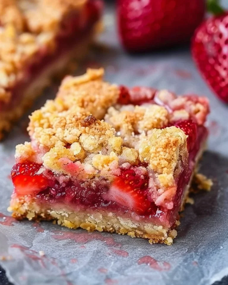 Delicious strawberry crumble bars fresh from the oven, topped with crunchy crumble.