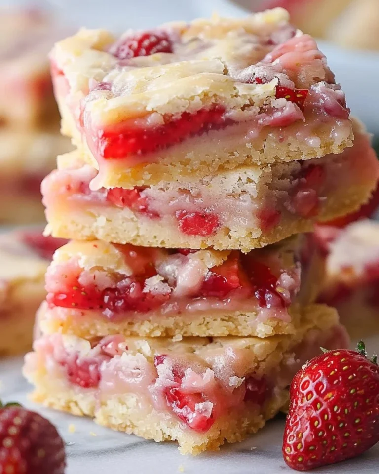 Delicious strawberry lemon blondies cut into squares on a plate.