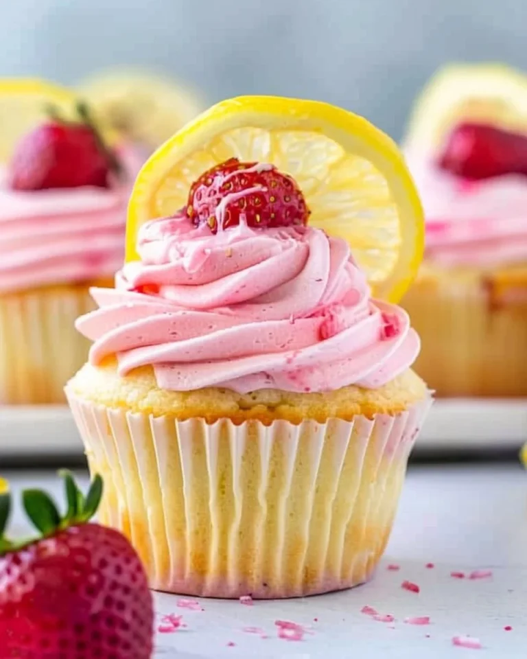 Delicious strawberry lemonade cupcakes with vibrant frosting and fresh strawberries
