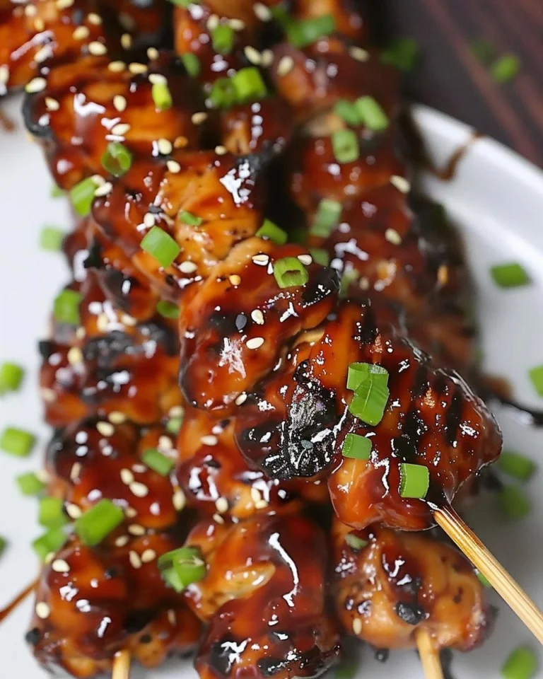 Grilled teriyaki chicken skewers served with colorful vegetables