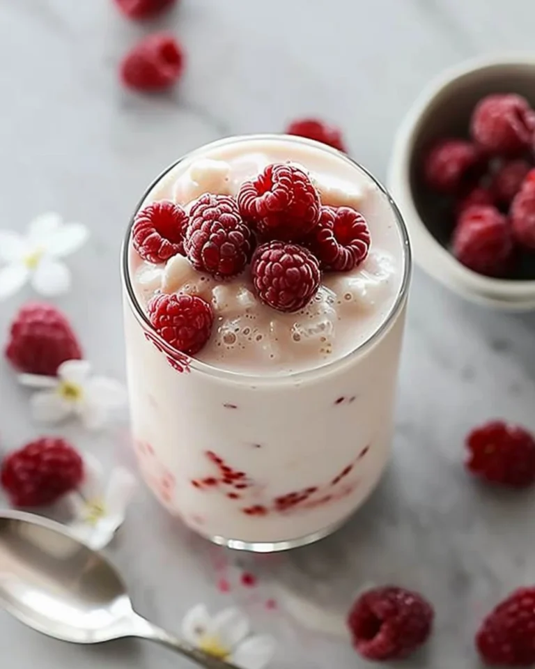 Creamy Vanilla Raspberry Iced Latte in a glass with raspberry garnish