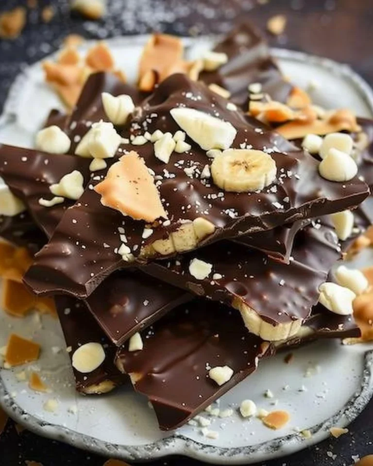 Delicious viral chocolate banana bark topped with fresh banana slices and chocolate drizzle