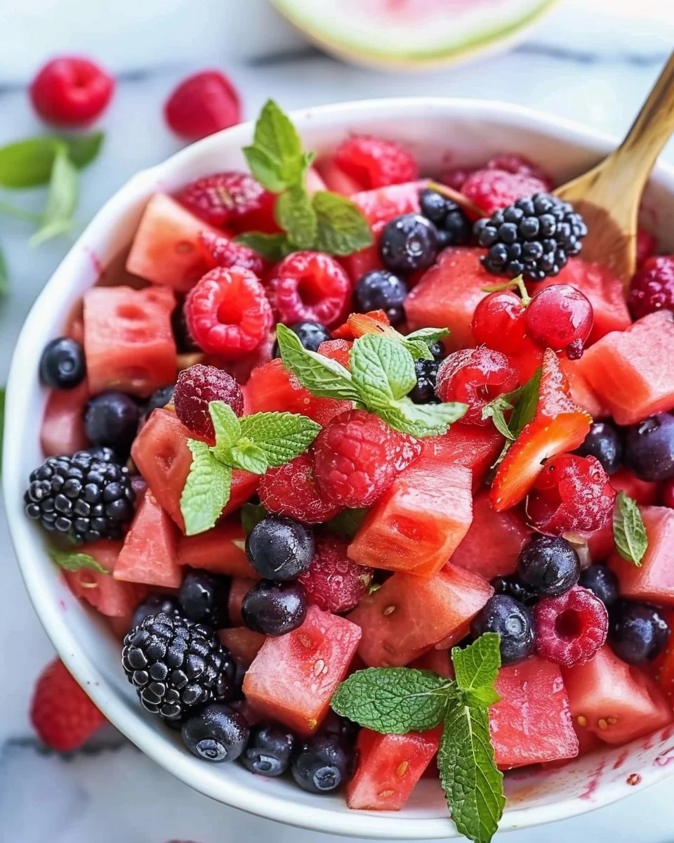 Colorful Watermelon Berry Fruit Salad with fresh fruits