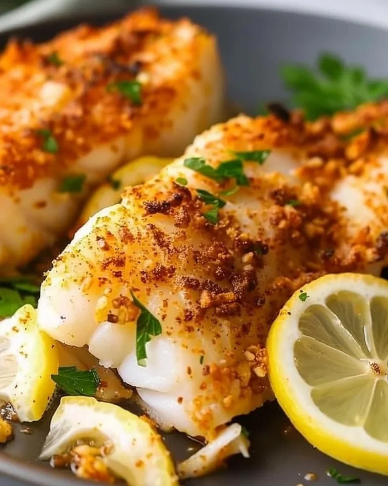 Crispy Air Fryer Cod served with lemon and herbs