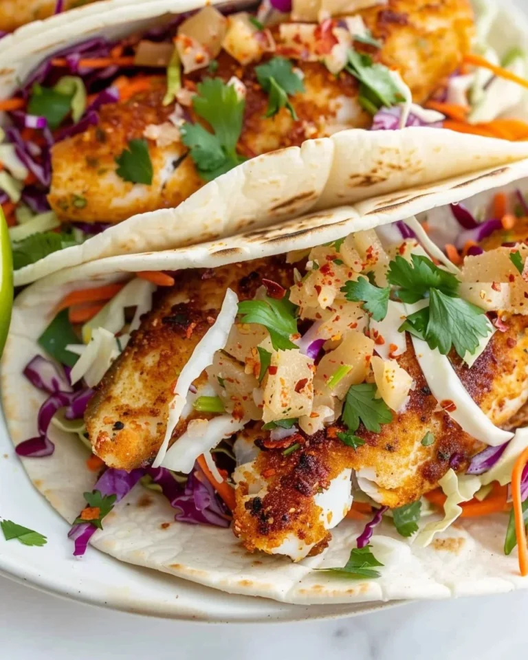 Air Fryer Fish Tacos served on a plate with fresh toppings and lime wedges