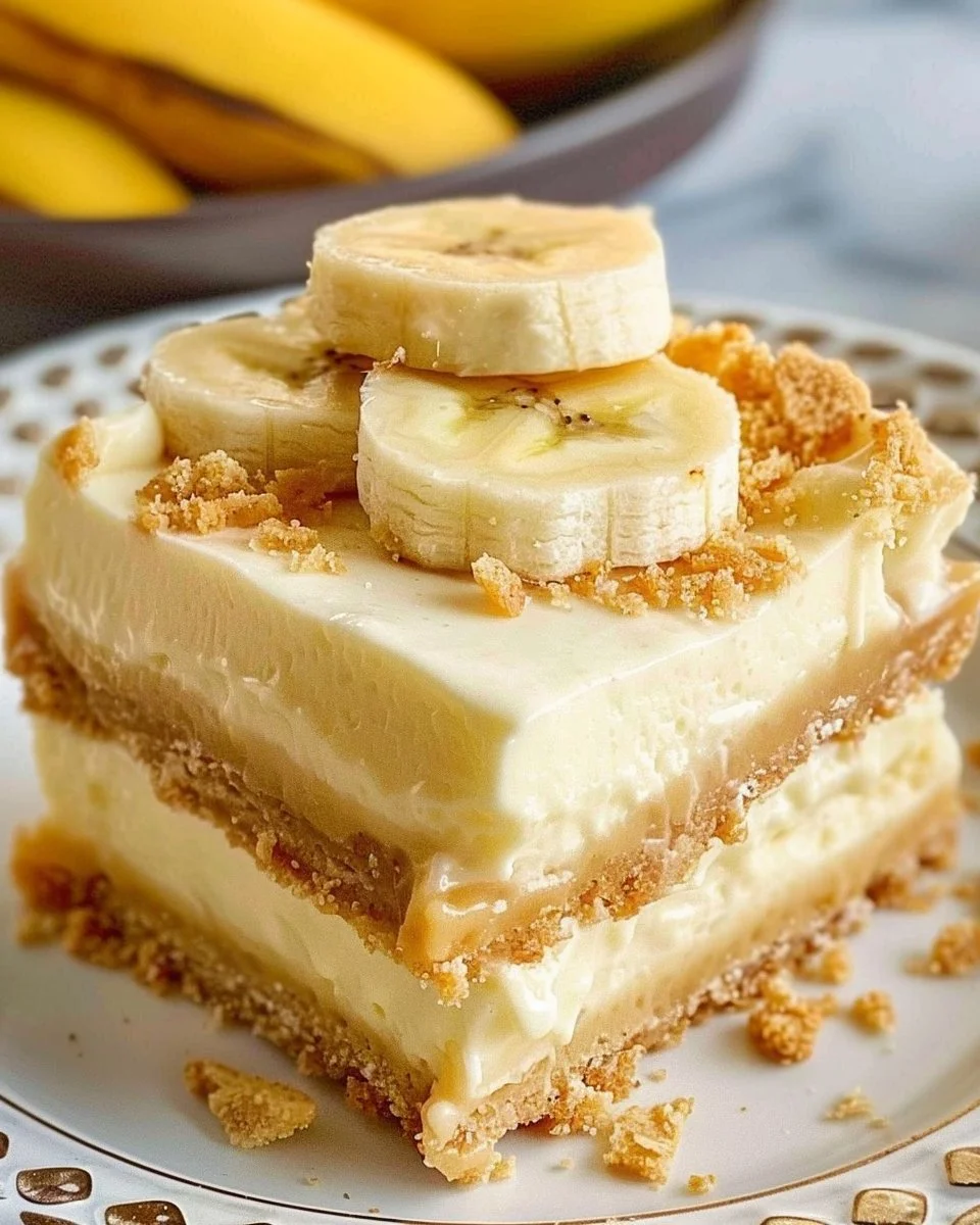 Delicious banana pudding bars recipe with creamy layers and fresh bananas.