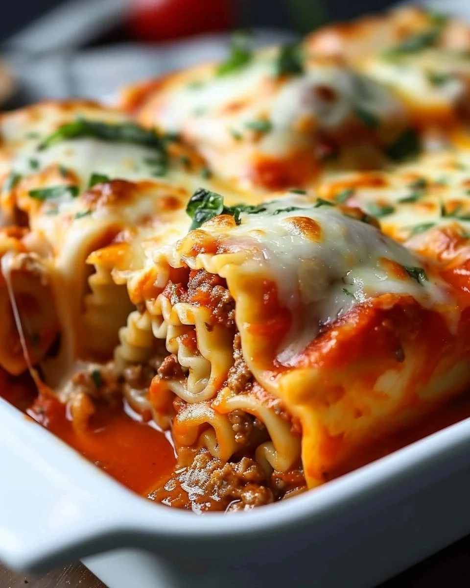 Beef Lasagna Roll-Ups topped with cheesy sauce, perfect for a hearty dinner.