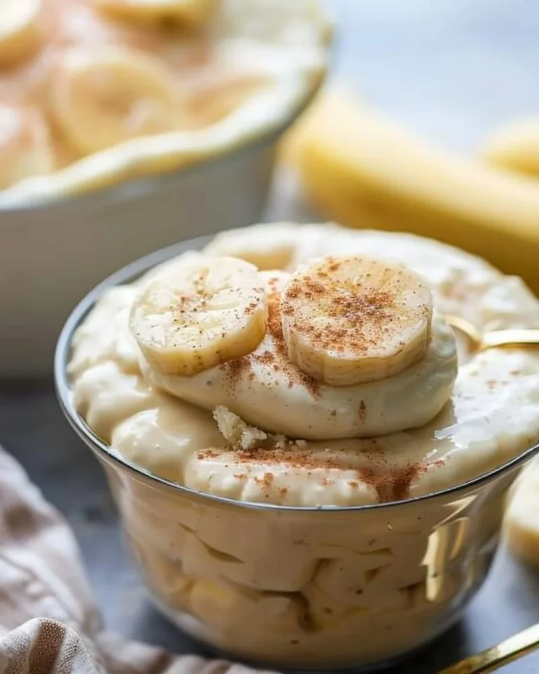 Delicious best ever banana pudding served in a glass dish with whipped cream