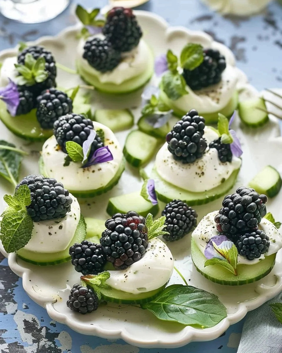 Blackberry cucumber Caprese bites garnished with fresh basil on a platter.