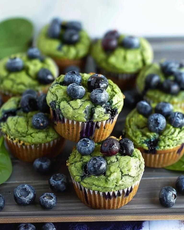 Blender-made spinach muffins with blueberries on a wooden table