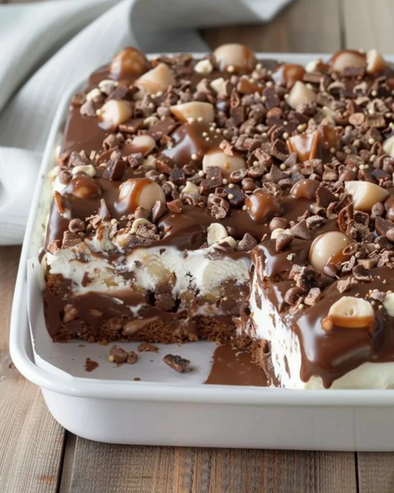 Buster Bar Ice Cream Cake with layers of chocolate and vanilla ice cream and crunchy bar toppings