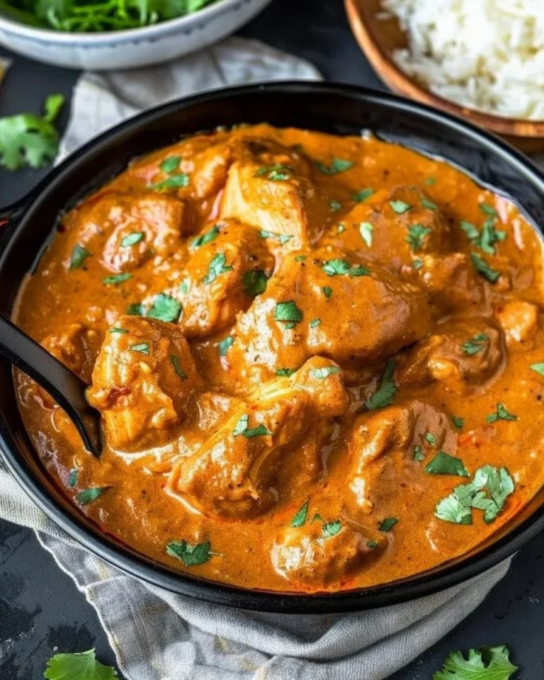 Delicious butter chicken served with rice and naan bread