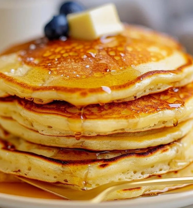 Plate of fluffy butter-free pancakes with syrup and berries