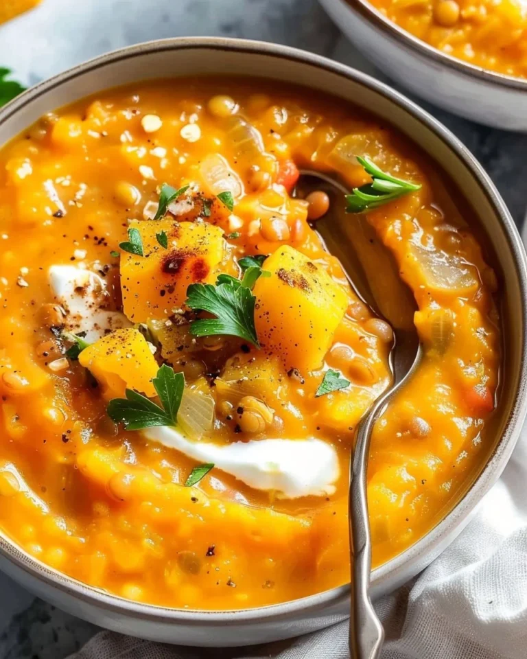 Bowl of creamy butternut squash lentil soup topped with herbs