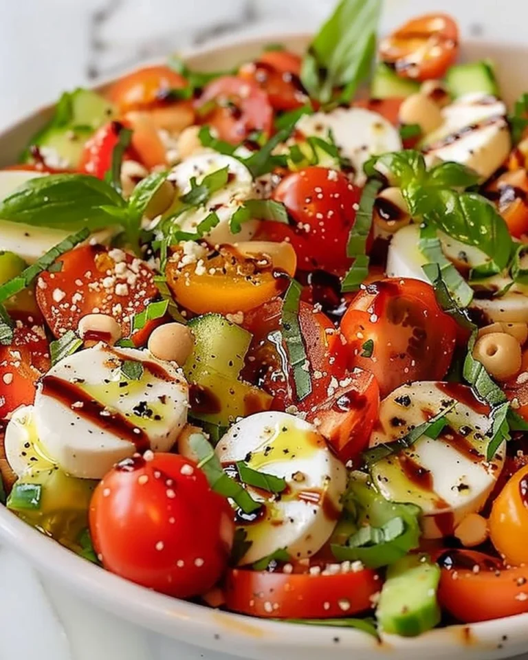 High protein Caprese Salad with mozzarella, tomatoes, and fresh basil