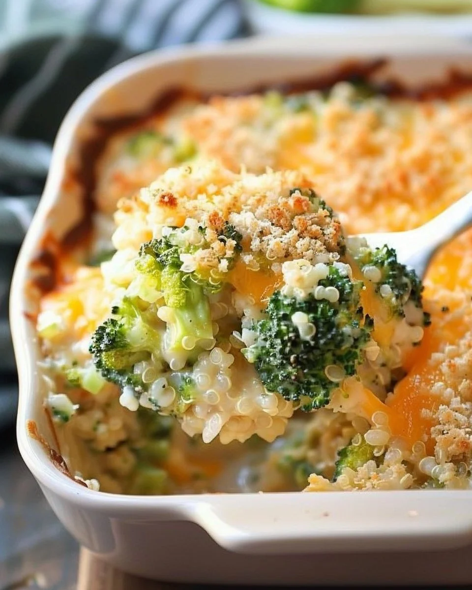Cheesy quinoa broccoli casserole fresh out of the oven, topped with melted cheese.
