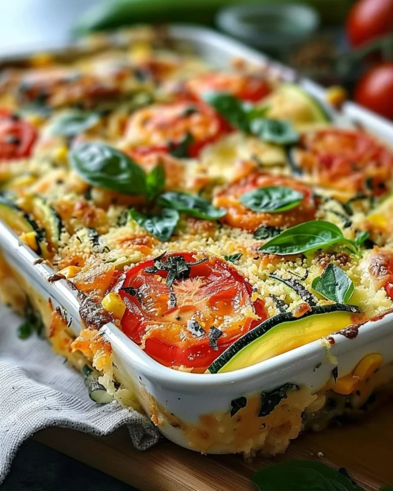 Cheesy zucchini corn tomato bake with Parmesan crust in a baking dish