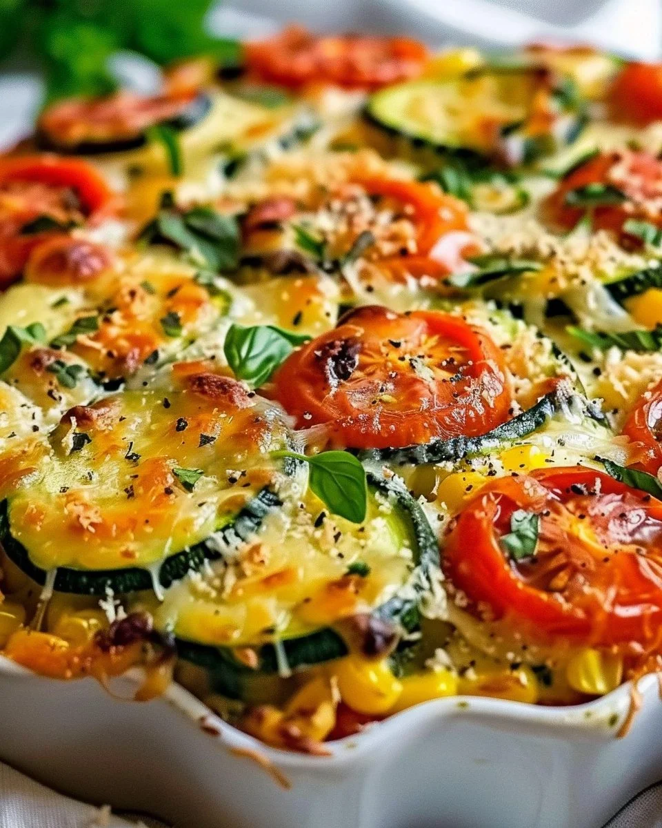 Irresistibly Cheesy Zucchini Corn Tomato Bake with Parmesan Crust